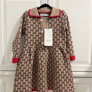 Gucci Beige GG Knit Dress with Red Trim for Girls